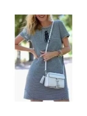 CAbi #5268 Captain Striped Lace Up Nautical Blue White Dress Small